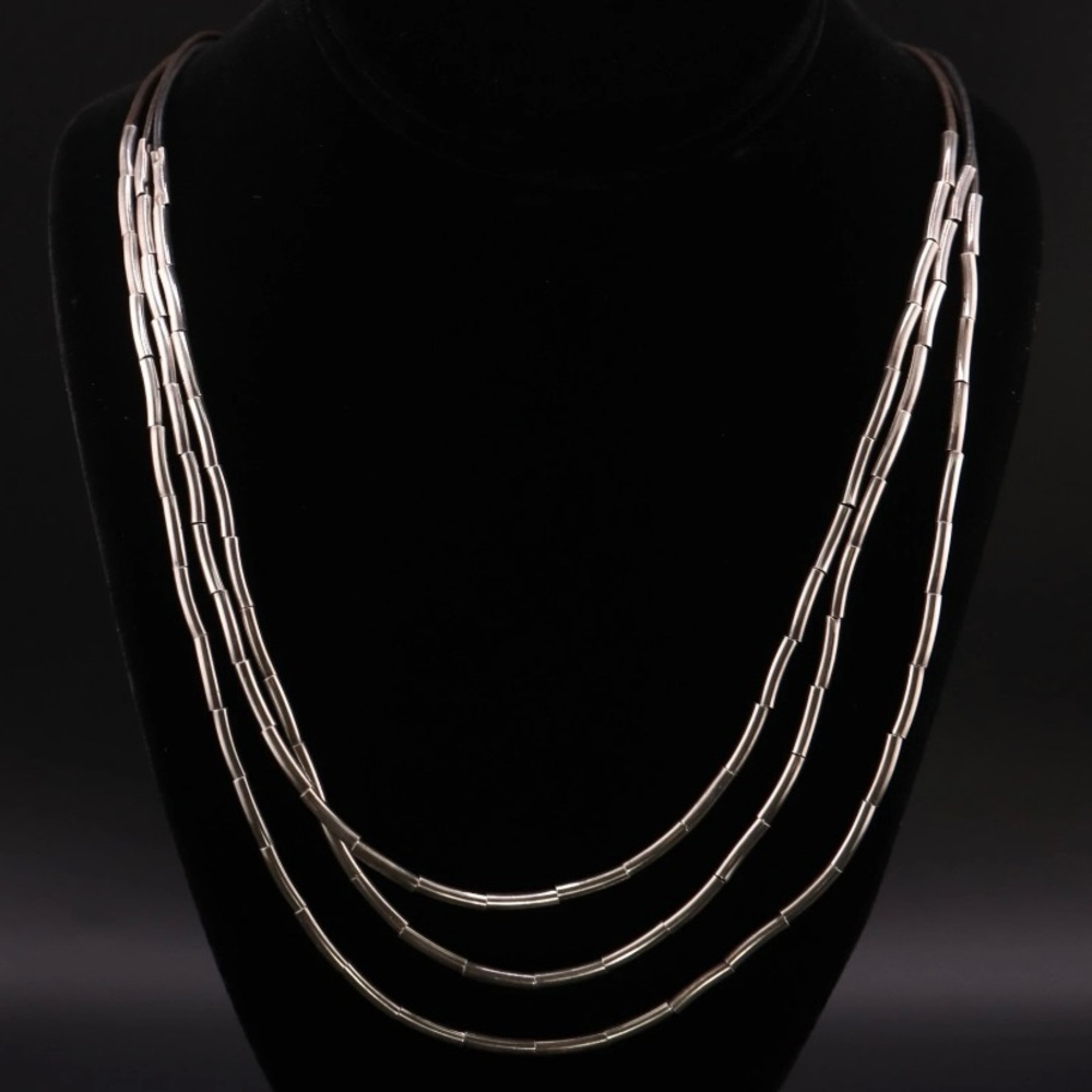 Silpada Vintage HTF Sterling Silver Tube & Leather 3-Strand Layered Necklace 31”